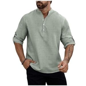 JINIDU Light Blue Loose‎ Fit Henley Collar Rolled Sleeves Casual Shirt XL